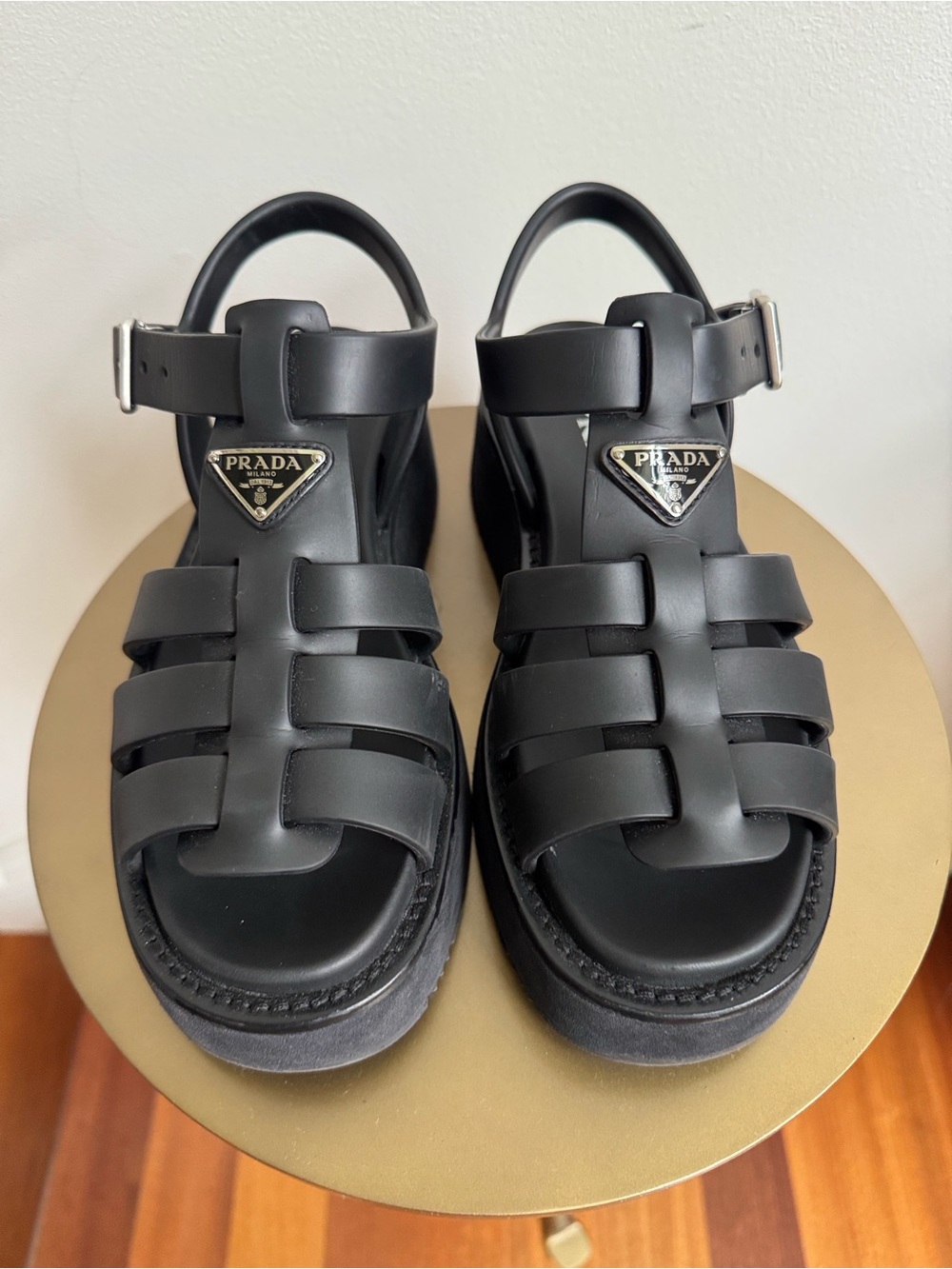Prada Black Strappy Sandals with Logo Plaque